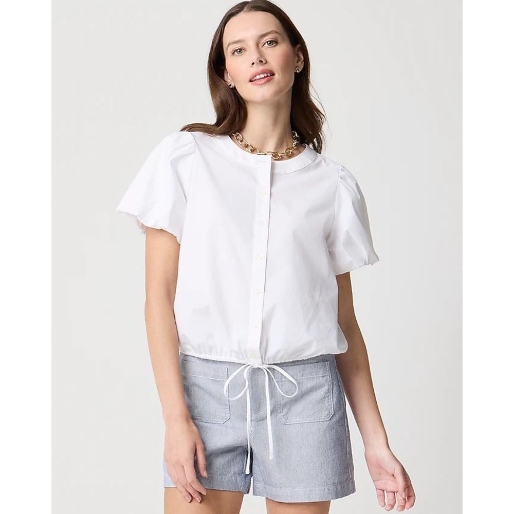 J. Crew White Cotton Drawstring Waist Short Sleeve Button-Down Top Small NWT $80